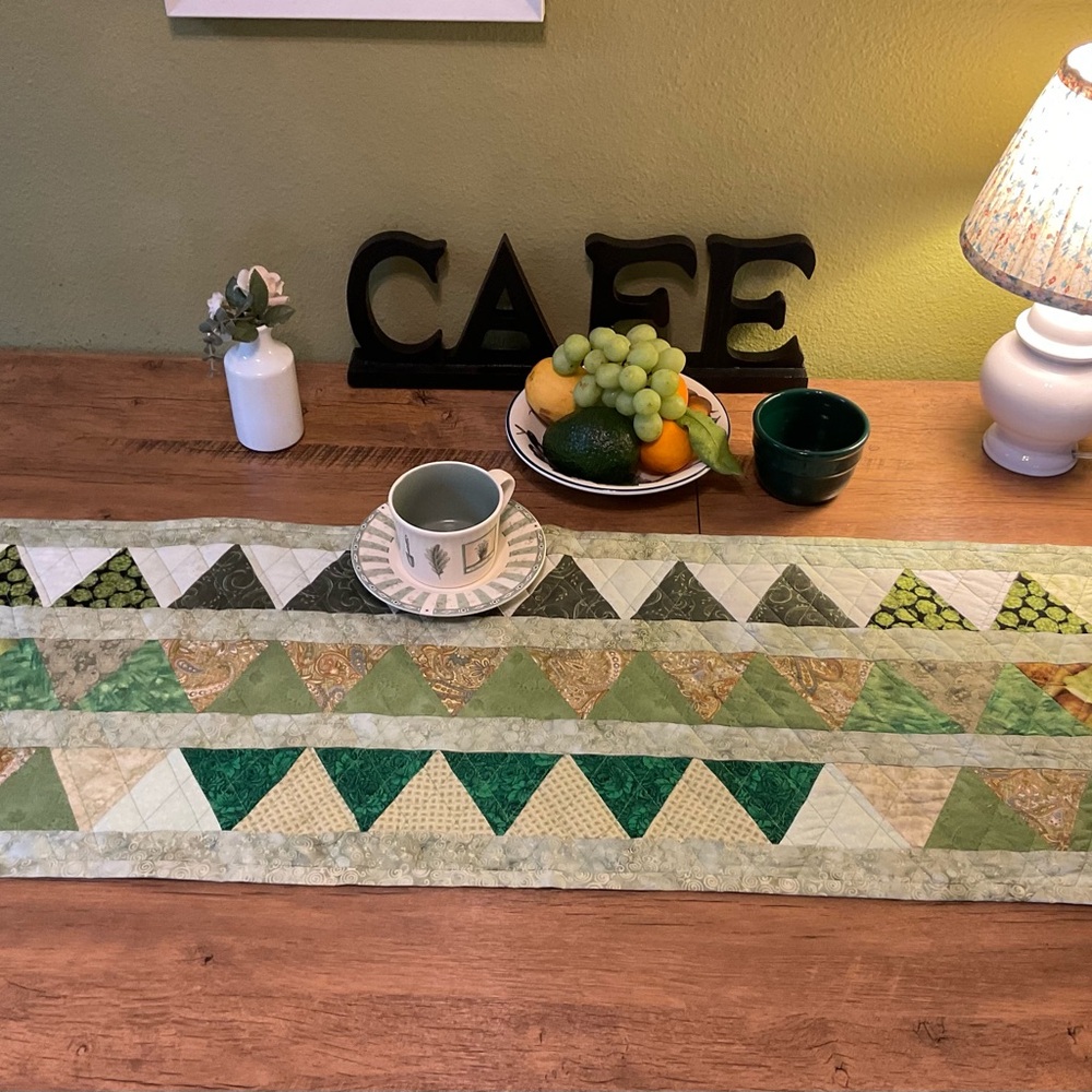 Green and Cream Quilted Table Runner. Handmade